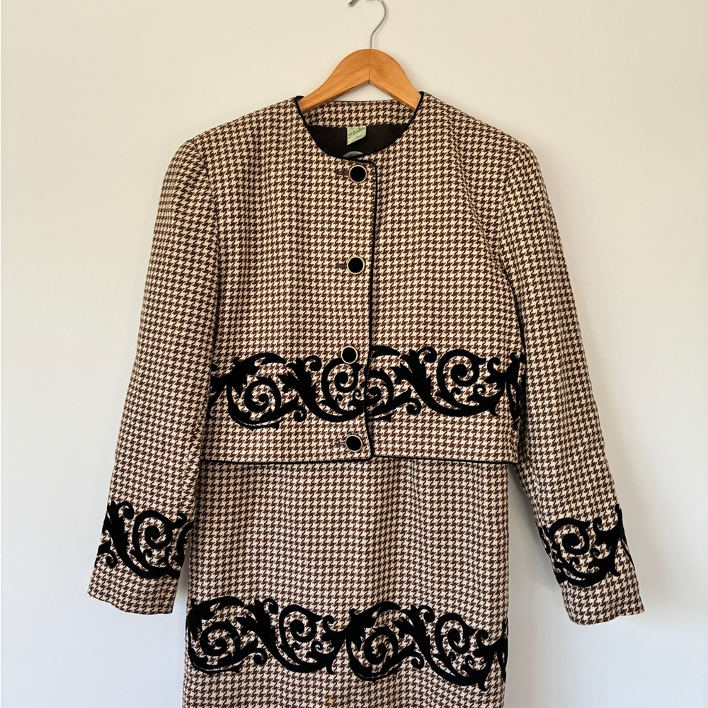 Vintage Ribelle Wool Houndstooth Blazer and Skirt Suit Set with Black Detailing